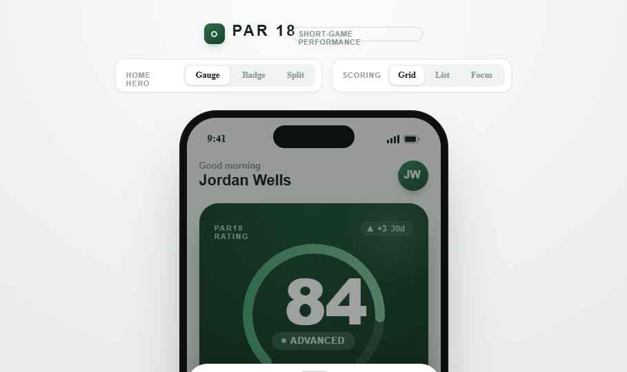 An early Claude Design exploration of the PAR-18 home screen, showing layout variants for the PAR18 Rating gauge.