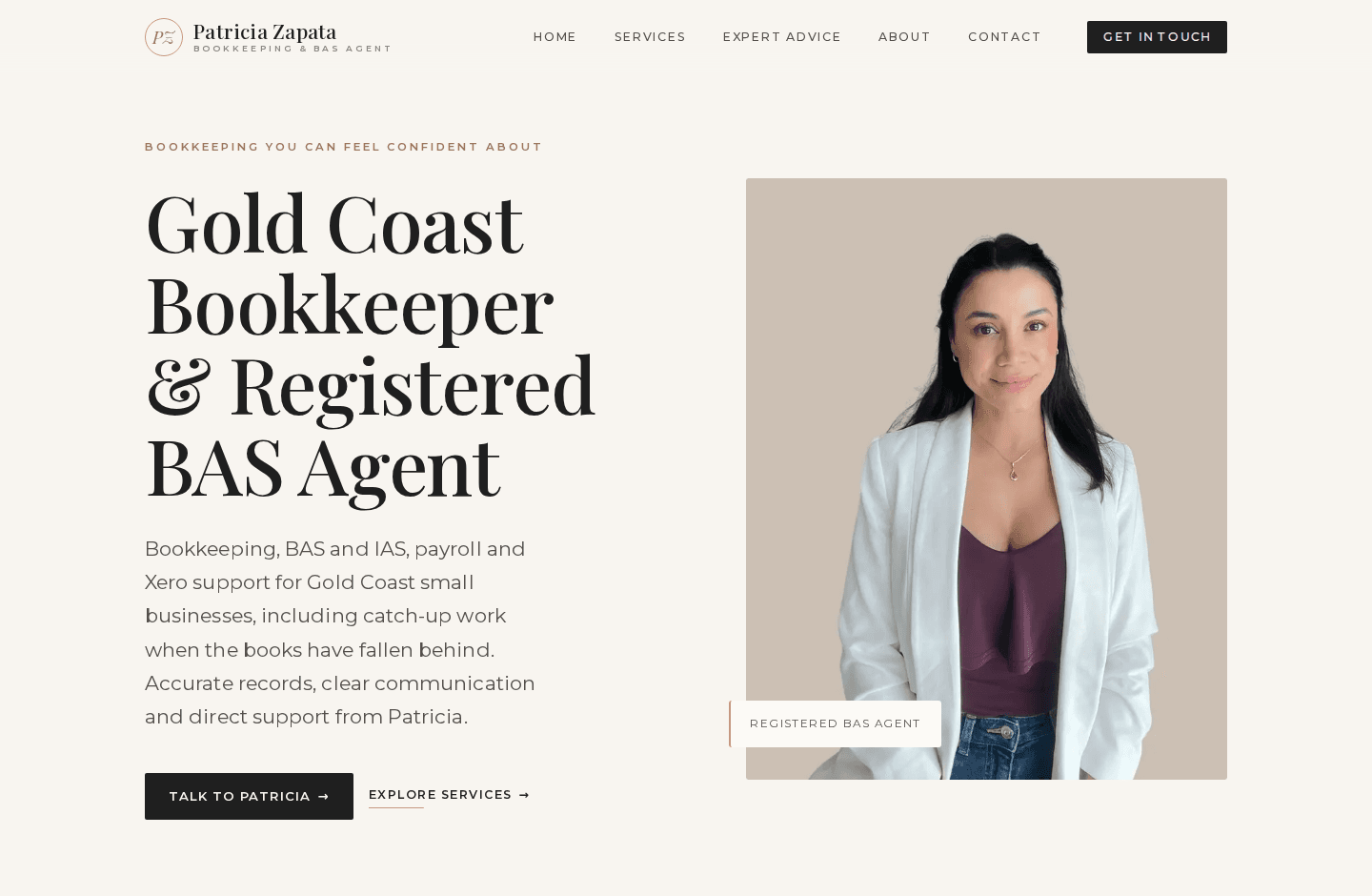 Patricia Zapata’s live homepage on desktop, with her service introduction, portrait and enquiry links.