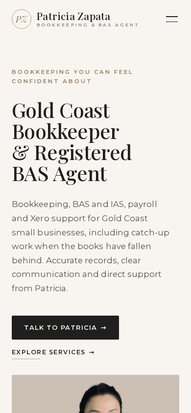 Patricia Zapata’s live mobile homepage, showing its responsive navigation, service introduction and clear contact actions.